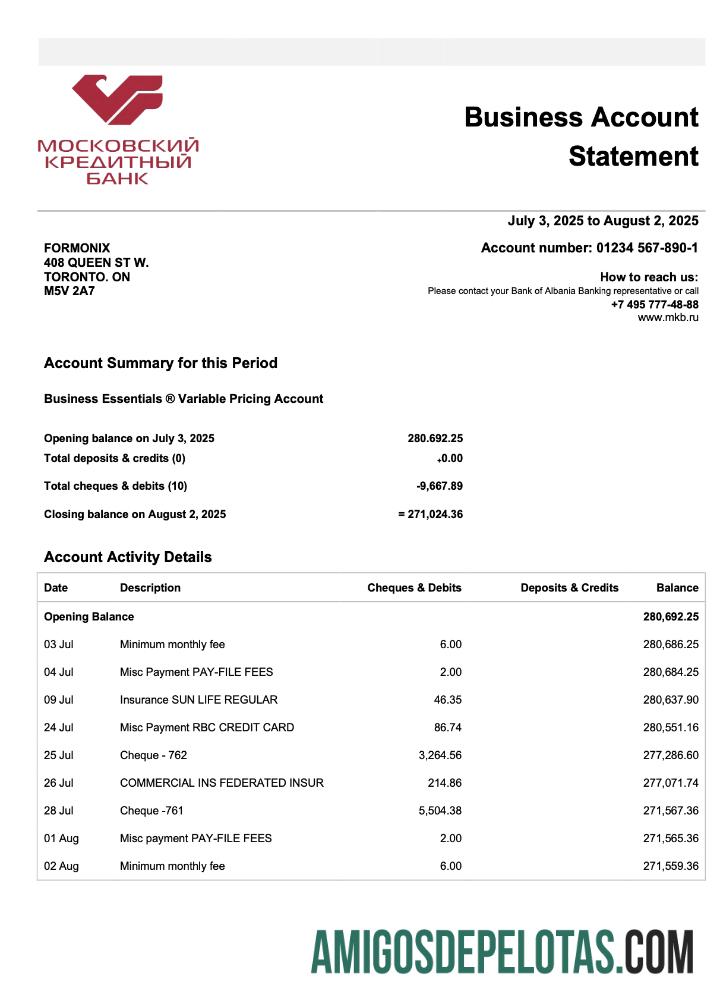 Em branco Rússia Credit Bank Of Moscow Organization Checking modelo de extrato de conta Word e PDF